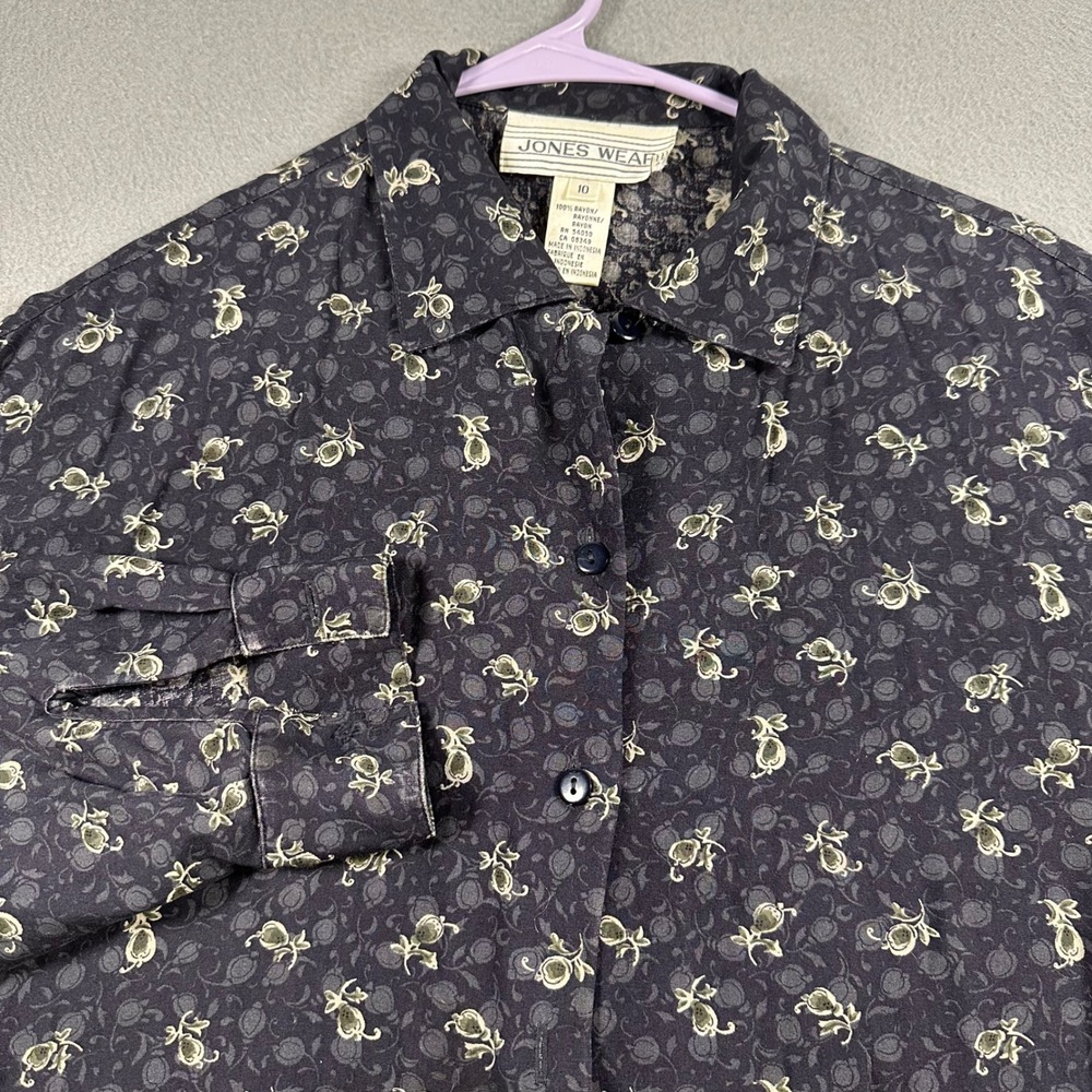 Jones Wear Navy Blue Floral Fruit Print Rayon Button Down Blouse Size 10